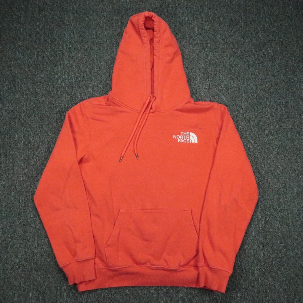 The North Face Hoodie Mens Small Orange Box Logo Pullover Hooded Hiking Outdoors